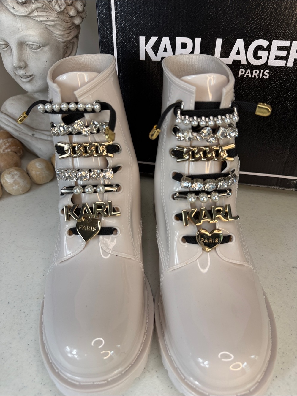 Karl Lagerfeld Ivory Patent Combat Boots with Pearl & Gold Hardware Size 7
